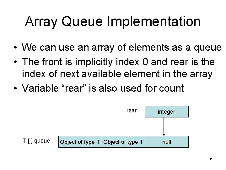 Array Queue Implementation • We can use an array of elements as a queue