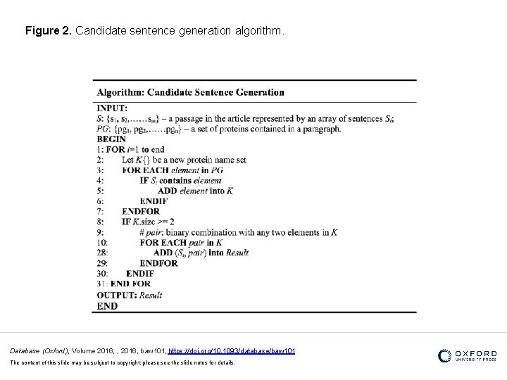 Figure 2. Candidate sentence generation algorithm. Database (Oxford), Volume 2016, , 2016, baw 101,