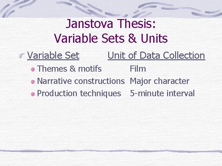 Janstova Thesis: Variable Sets & Units Variable Set Unit of Data Collection Themes &