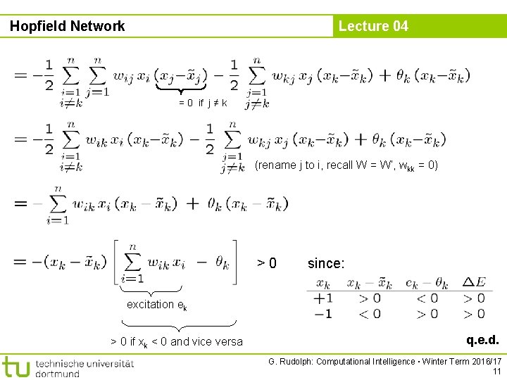 Hopfield Network Lecture 04 = 0 if j ≠ k (rename j to i,