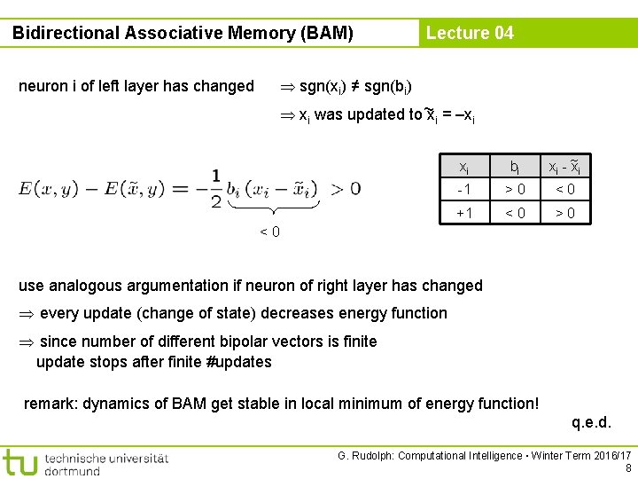 Bidirectional Associative Memory (BAM) neuron i of left layer has changed Lecture 04 sgn(xi)