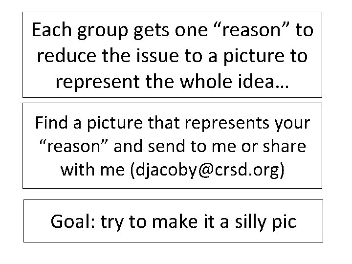 Each group gets one “reason” to reduce the issue to a picture to represent