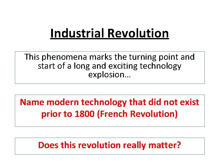 Industrial Revolution This phenomena marks the turning point and start of a long and