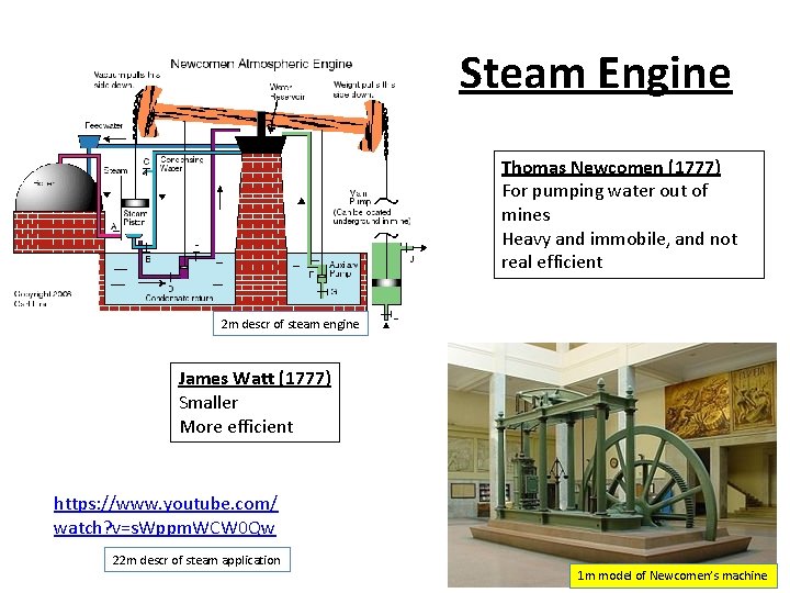 Steam Engine Thomas Newcomen (1777) For pumping water out of mines Heavy and immobile,