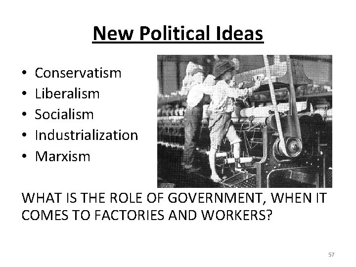 New Political Ideas • • • Conservatism Liberalism Socialism Industrialization Marxism WHAT IS THE