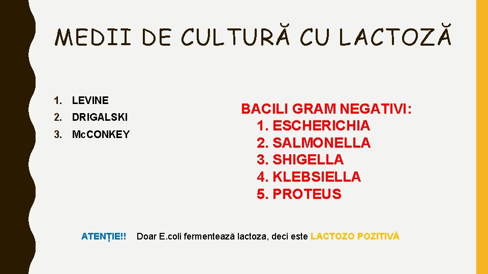 MEDII DE CULTURĂ CU LACTOZĂ 1. LEVINE 2. DRIGALSKI 3. Mc. CONKEY ATENȚIE!! BACILI