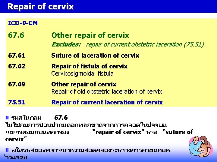 Repair of cervix ICD-9 -CM 67. 6 Other repair of cervix Excludes: repair of Repair of cervix ICD-9 -CM 67. 6 Other repair of cervix Excludes: repair of