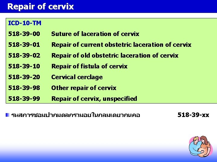 Repair of cervix ICD-10 -TM 518 -39 -00 Suture of laceration of cervix 518 Repair of cervix ICD-10 -TM 518 -39 -00 Suture of laceration of cervix 518