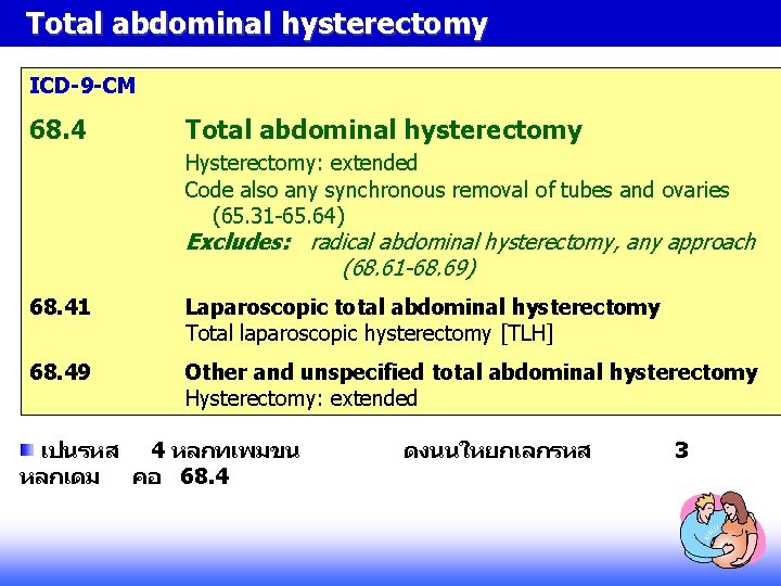 Total abdominal hysterectomy ICD-9 -CM 68. 4 Total abdominal hysterectomy Hysterectomy: extended Code also Total abdominal hysterectomy ICD-9 -CM 68. 4 Total abdominal hysterectomy Hysterectomy: extended Code also