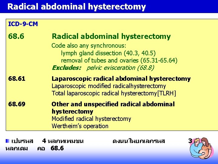Radical abdominal hysterectomy ICD-9 -CM 68. 6 Radical abdominal hysterectomy Code also any synchronous: Radical abdominal hysterectomy ICD-9 -CM 68. 6 Radical abdominal hysterectomy Code also any synchronous: