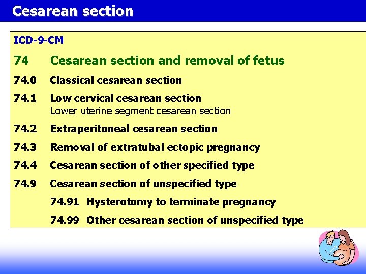 Cesarean section ICD-9 -CM 74 Cesarean section and removal of fetus 74. 0 Classical Cesarean section ICD-9 -CM 74 Cesarean section and removal of fetus 74. 0 Classical
