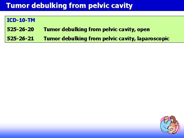 Tumor debulking from pelvic cavity ICD-10 -TM 525 -26 -20 Tumor debulking from pelvic Tumor debulking from pelvic cavity ICD-10 -TM 525 -26 -20 Tumor debulking from pelvic