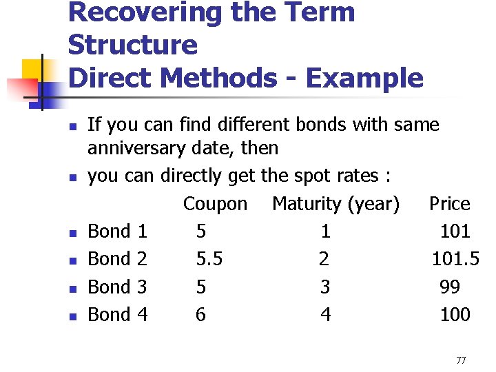 Recovering the Term Structure Direct Methods - Example n n n If you can