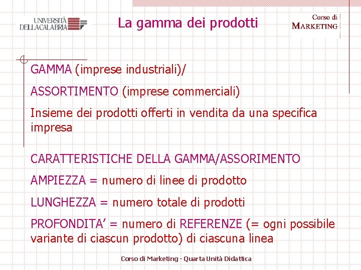 La gamma dei prodotti GAMMA (imprese industriali)/ ASSORTIMENTO (imprese commerciali) Insieme dei prodotti offerti