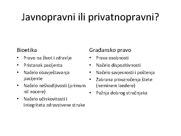 Javnopravni ili privatnopravni? Bioetika Građansko pravo • Pravo na život i zdravlje • Pristanak