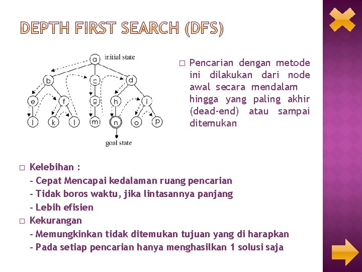 � � � Pencarian dengan metode ini dilakukan dari node awal secara mendalam hingga