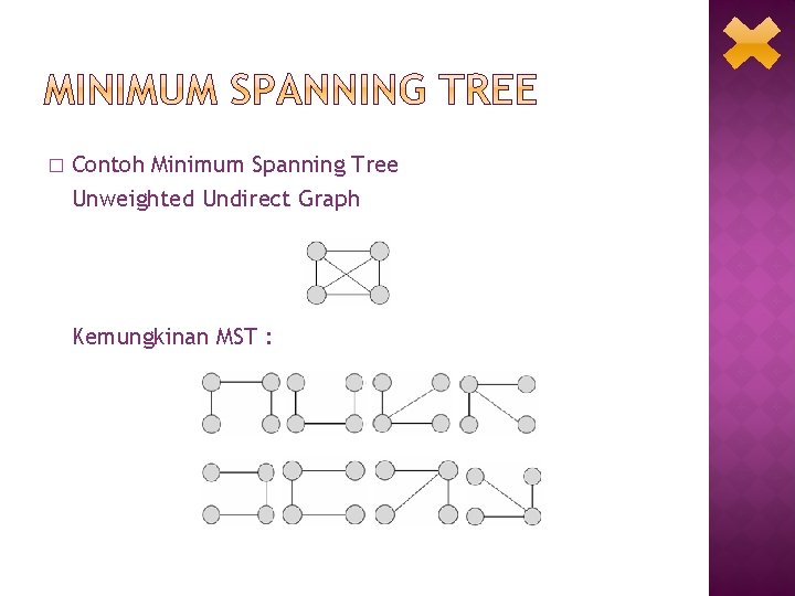 � Contoh Minimum Spanning Tree Unweighted Undirect Graph Kemungkinan MST : 