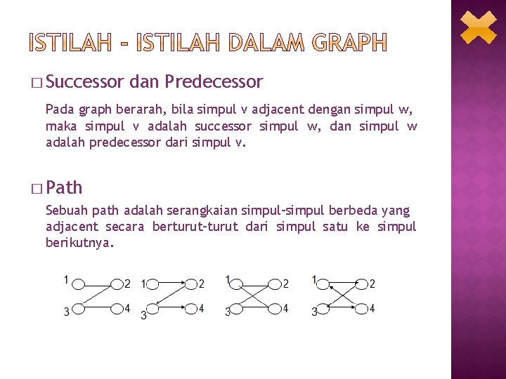 � Successor dan Predecessor Pada graph berarah, bila simpul v adjacent dengan simpul w,