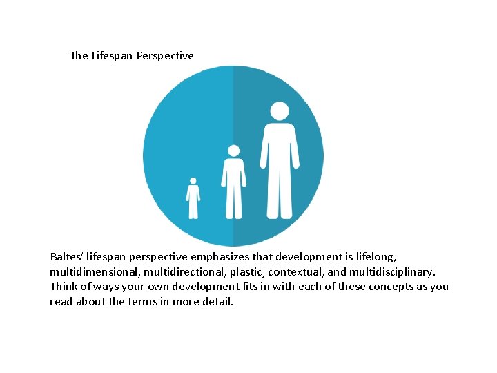 The Lifespan Perspective Baltes’ lifespan perspective emphasizes that development is lifelong, multidimensional, multidirectional, plastic,