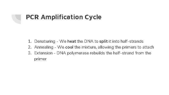 PCR Amplification Cycle 1. Denaturing - We heat the DNA to split it into