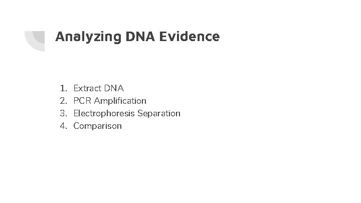 Analyzing DNA Evidence 1. 2. 3. 4. Extract DNA PCR Amplification Electrophoresis Separation Comparison
