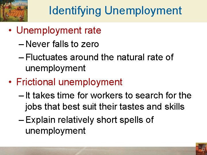 Identifying Unemployment • Unemployment rate – Never falls to zero – Fluctuates around the