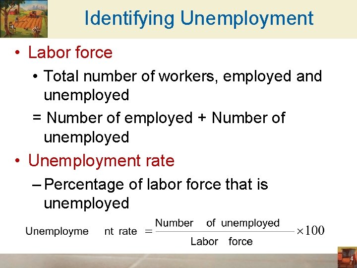 Identifying Unemployment • Labor force • Total number of workers, employed and unemployed =