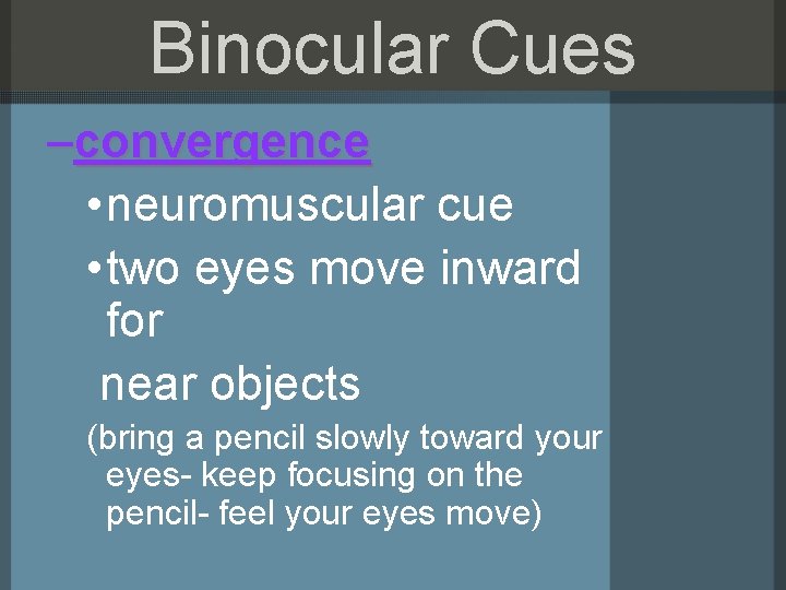 Binocular Cues –convergence • neuromuscular cue • two eyes move inward for near objects
