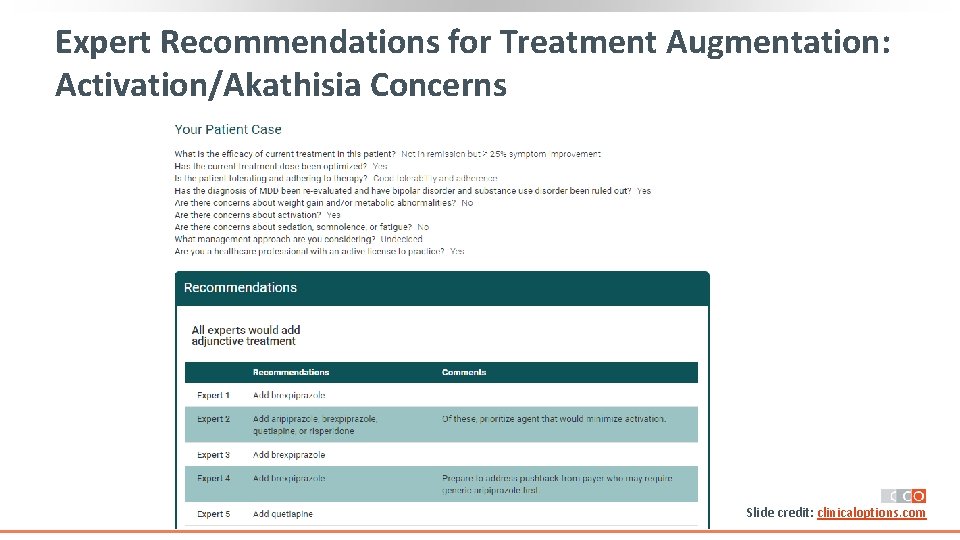 Expert Recommendations for Treatment Augmentation: Activation/Akathisia Concerns Slide credit: clinicaloptions. com Expert Recommendations for Treatment Augmentation: Activation/Akathisia Concerns Slide credit: clinicaloptions. com