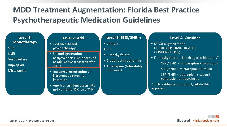 MDD Treatment Augmentation: Florida Best Practice Psychotherapeutic Medication Guidelines Level 1: Monotherapy SSRI SNRI MDD Treatment Augmentation: Florida Best Practice Psychotherapeutic Medication Guidelines Level 1: Monotherapy SSRI SNRI
