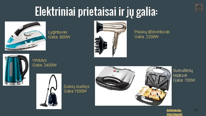 Elektriniai prietaisai ir jų galia: Lygintuvas Galia: 800 W Plaukų džiovintuvas Galia: 2200 W