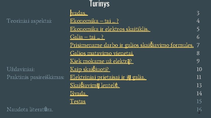 Turinys Įvadas. Teoriniai aspektai: Ekonomika – tai. . . ? Ekonomika ir elektros skaitiklis.