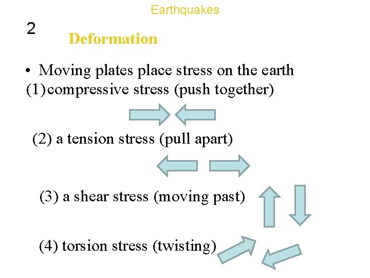 Earthquakes 2 Deformation • Moving plates place stress on the earth (1) compressive stress