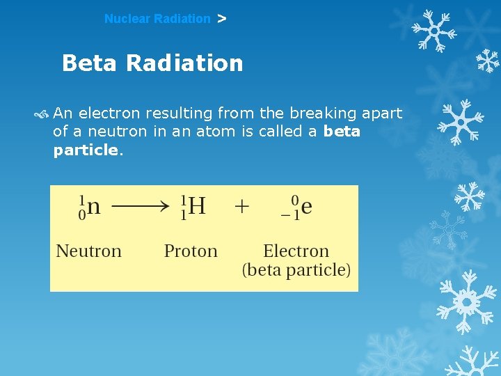 Nuclear Radiation > Beta Radiation An electron resulting from the breaking apart of a