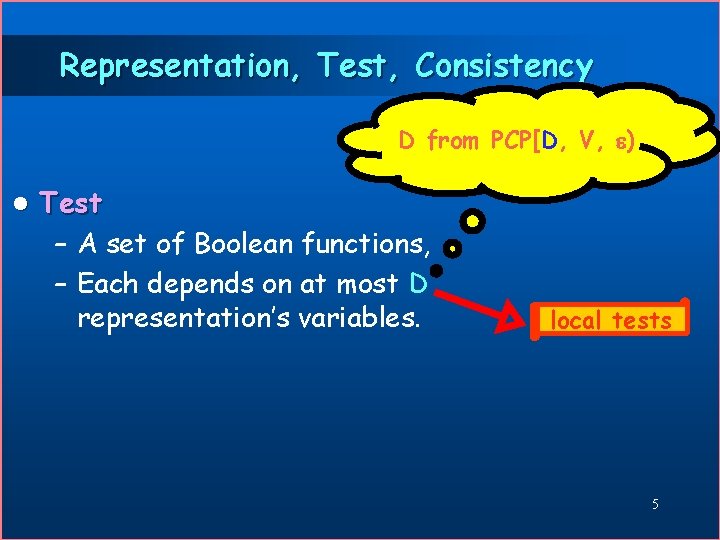 Representation, Test, Consistency D from PCP[D, V, ) l Test – A set of