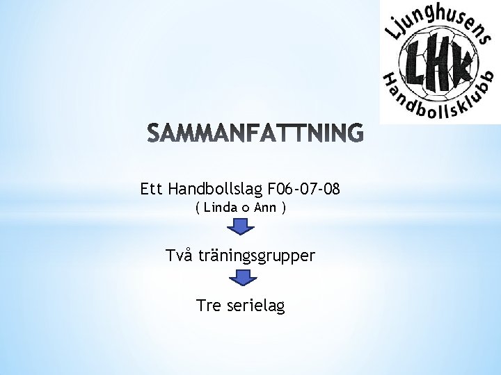 SAMMANFATTNING Ett Handbollslag F 06 -07 -08 ( Linda o Ann ) Två träningsgrupper