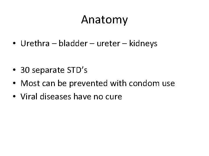 Anatomy • Urethra – bladder – ureter – kidneys • 30 separate STD’s •