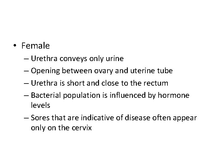  • Female – Urethra conveys only urine – Opening between ovary and uterine