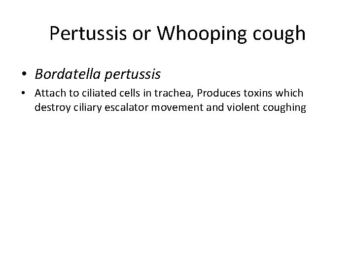 Pertussis or Whooping cough • Bordatella pertussis • Attach to ciliated cells in trachea,