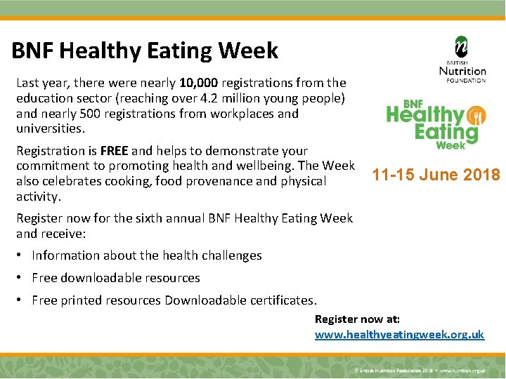 BNF Healthy Eating Week Last year, there were nearly 10, 000 registrations from the