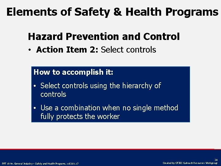 Elements of Safety & Health Programs Hazard Prevention and Control • Action Item 2: