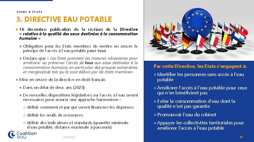 POINT D’ÉTAPE 3. DIRECTIVE EAU POTABLE ● 16 décembre: publication de la révision de