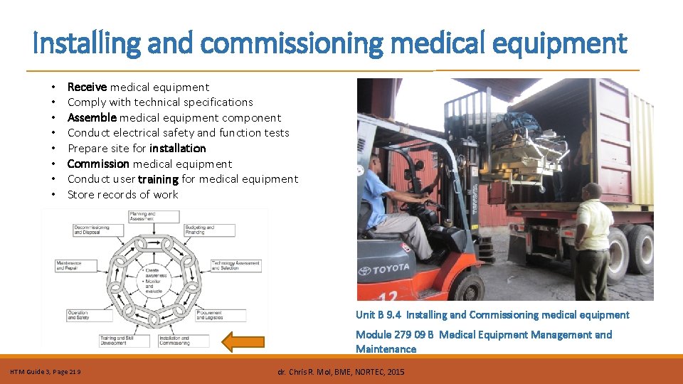 Installing and commissioning medical equipment • • Receive medical equipment Comply with technical specifications