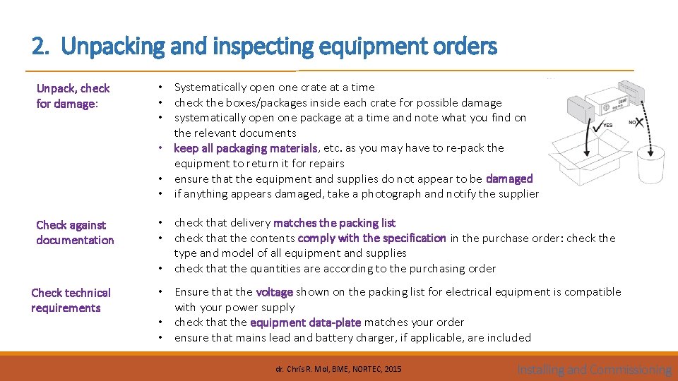 2. Unpacking and inspecting equipment orders Unpack, check for damage: • Systematically open one