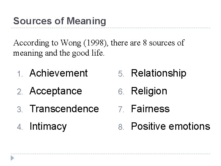 Sources of Meaning According to Wong (1998), there are 8 sources of meaning and
