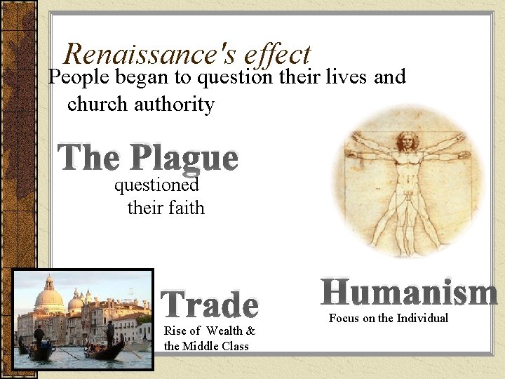 Renaissance's effect People began to question their lives and church authority. WHY? The Plague