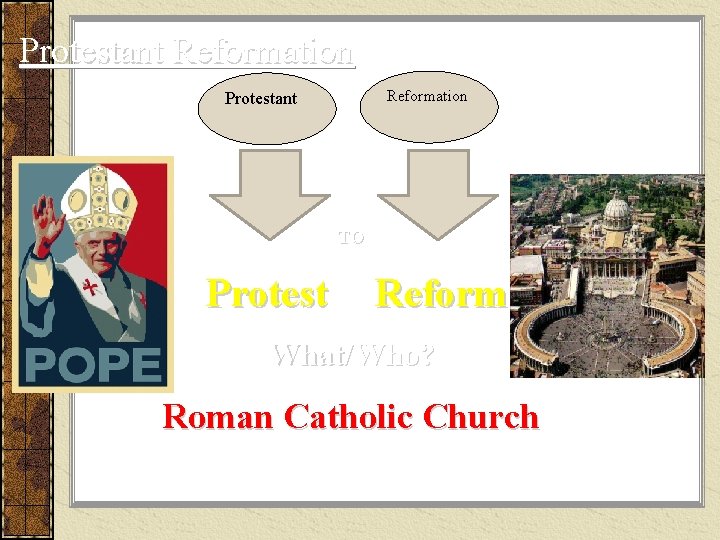 Protestant Reformation Protestant TO Protest Reform What/Who? Roman Catholic Church 