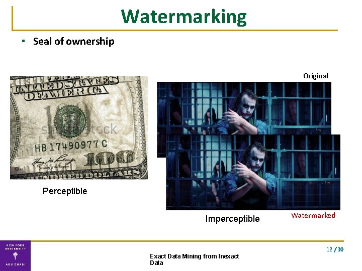 Watermarking ▪ Seal of ownership Original Perceptible Imperceptible Watermarked 12 / 30 Exact Data