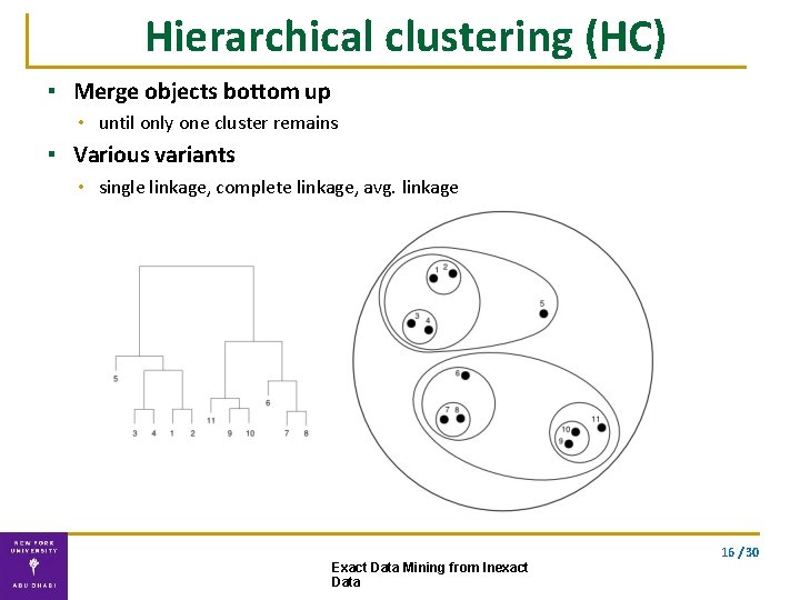 Hierarchical clustering (HC) ▪ Merge objects bottom up • until only one cluster remains