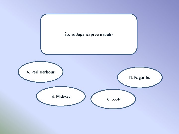 Što su Japanci prvo napali? A. Perl Harbour D. Bugarsku B. Midway C. SSSR